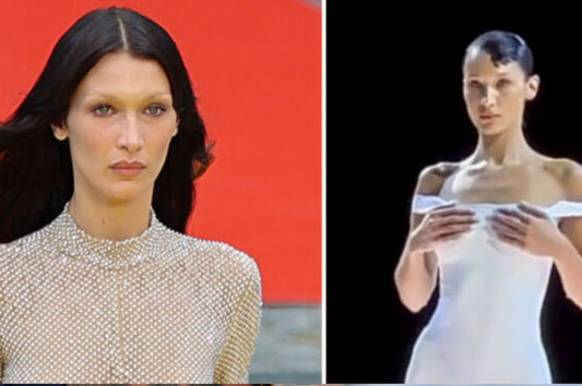 En pleno desfile de moda, Bella Hadid llega desnuda y se hace un vestido a medida