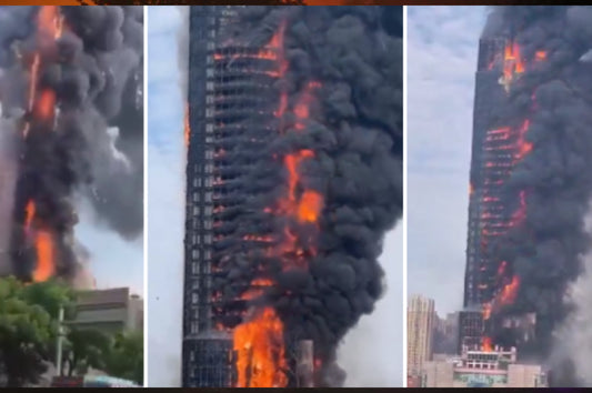 Aterradoras imágenes de un enorme incendio en un rascacielos del centro de China